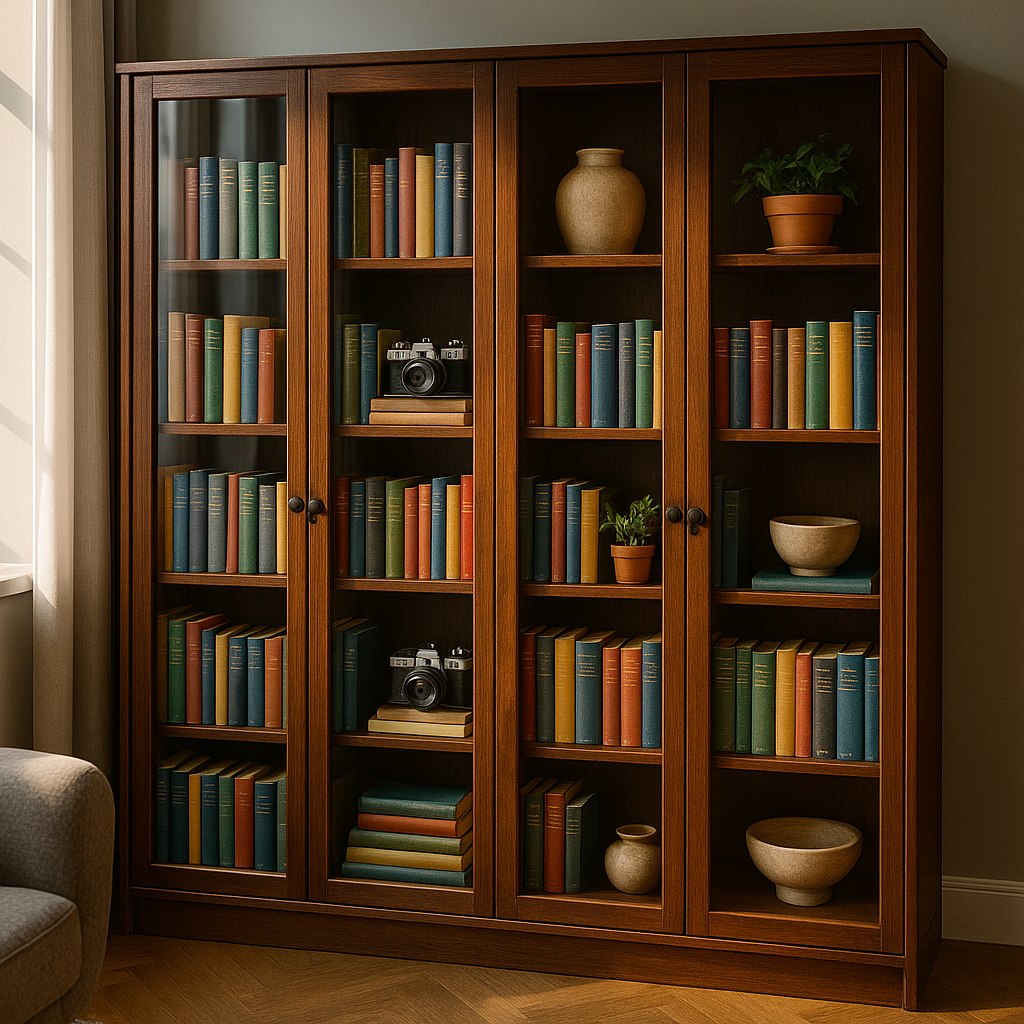 Bibliothèque vitrine en bois avec portes en verre